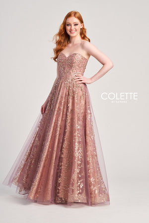 Colette CL5144 prom dress images.  Colette CL5144 is available in these colors: Jade Silver, Heather Rose Gold.