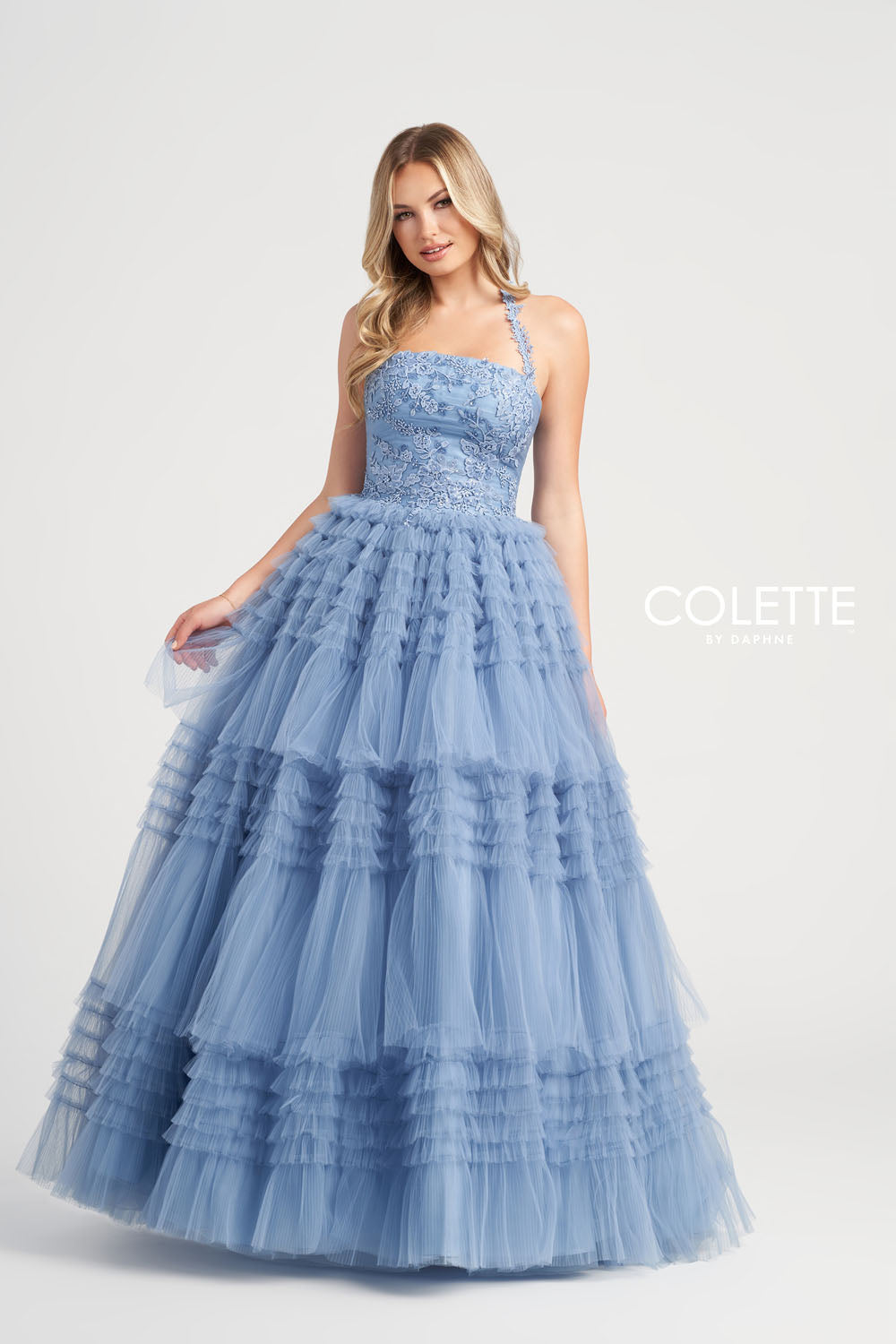 Colette CL5163 prom dress images. Colette CL5163 is available in these colors: Dusty Blue.