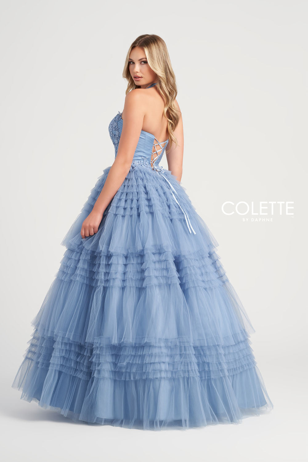 Colette CL5163 prom dress images. Colette CL5163 is available in these colors: Dusty Blue.