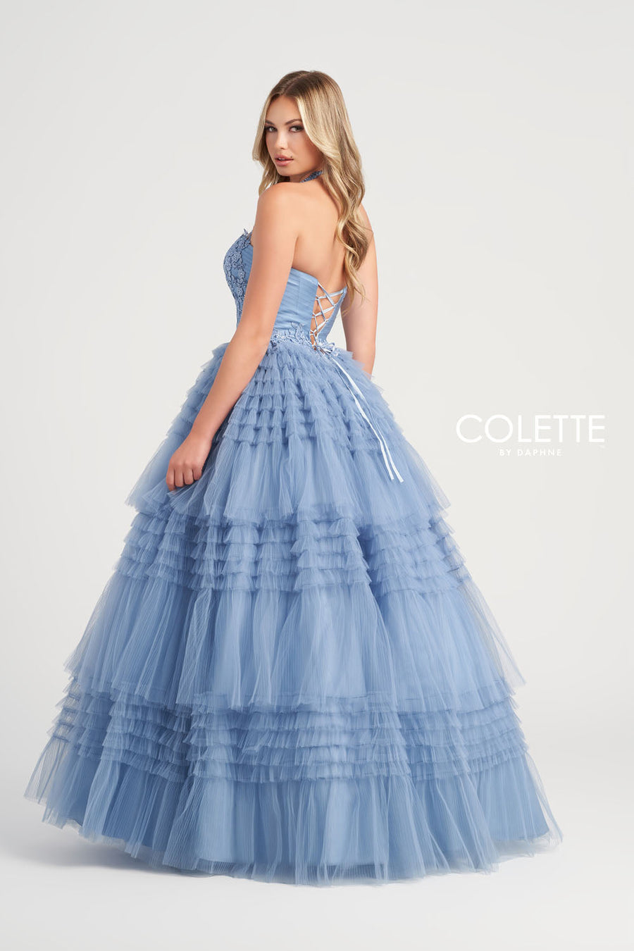 Colette CL5163 prom dress images.  Colette CL5163 is available in these colors: Dusty Blue.
