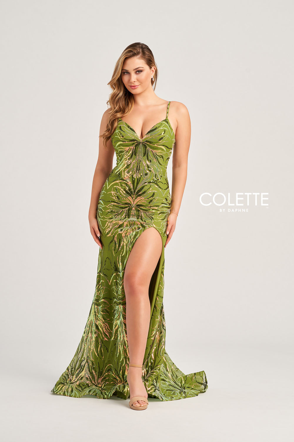 Colette CL5195 prom dress images. Colette CL5195 is available in these colors: White Multi, Olive Multi, Heather Multi.