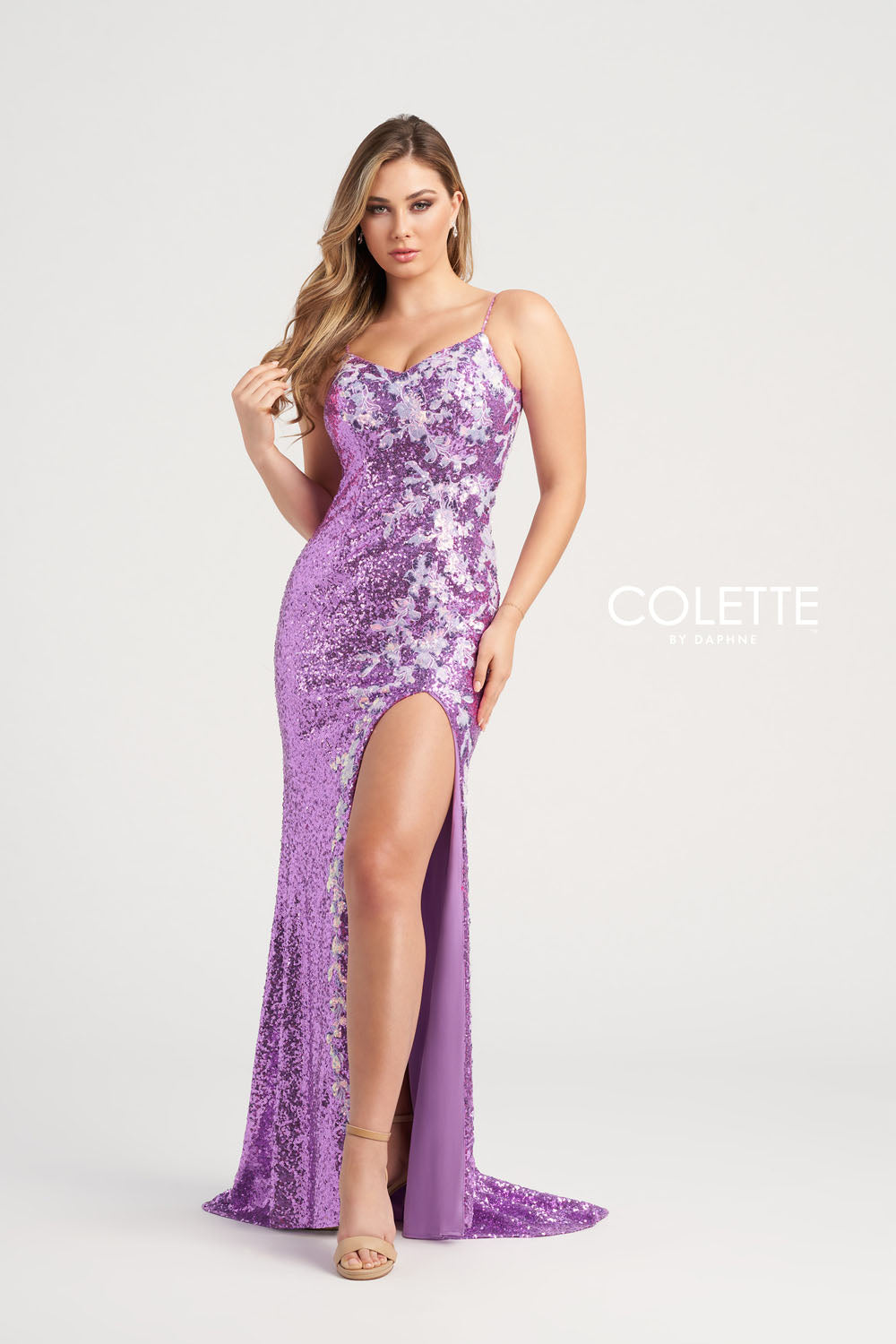 Colette CL5196 prom dress images. Colette CL5196 is available in these colors: Amethyst Lilac, Navy Blue Silver, Gold Silver, Jade Silver, Fuchsia Pink.
