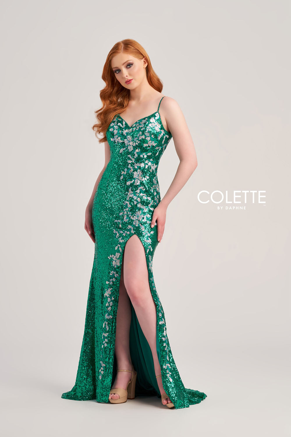 Colette CL5196 prom dress images. Colette CL5196 is available in these colors: Amethyst Lilac, Navy Blue Silver, Gold Silver, Jade Silver, Fuchsia Pink.