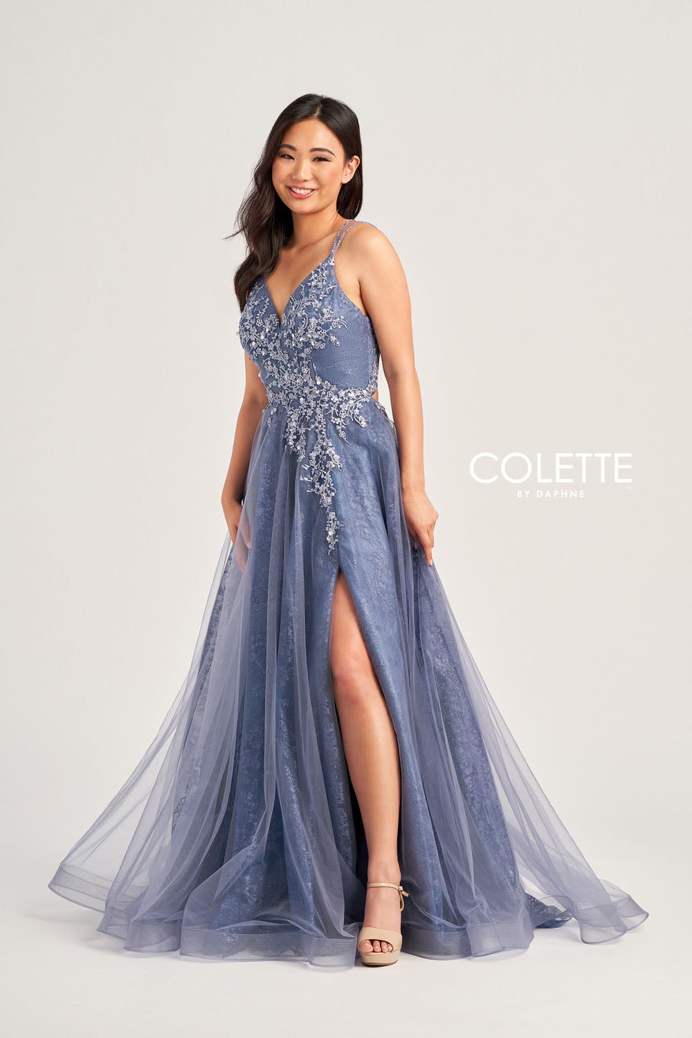 Colette CL5197 prom dress images. Colette CL5197 is available in these colors: Evergreen, Steel Blue, Vintage Rose.