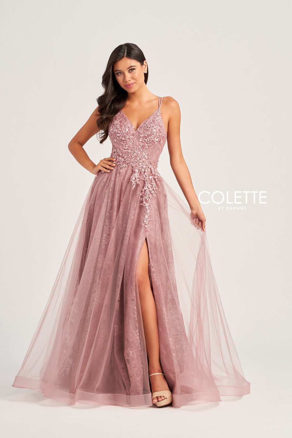 Colette CL5197 prom dress images. Colette CL5197 is available in these colors: Evergreen, Steel Blue, Vintage Rose.