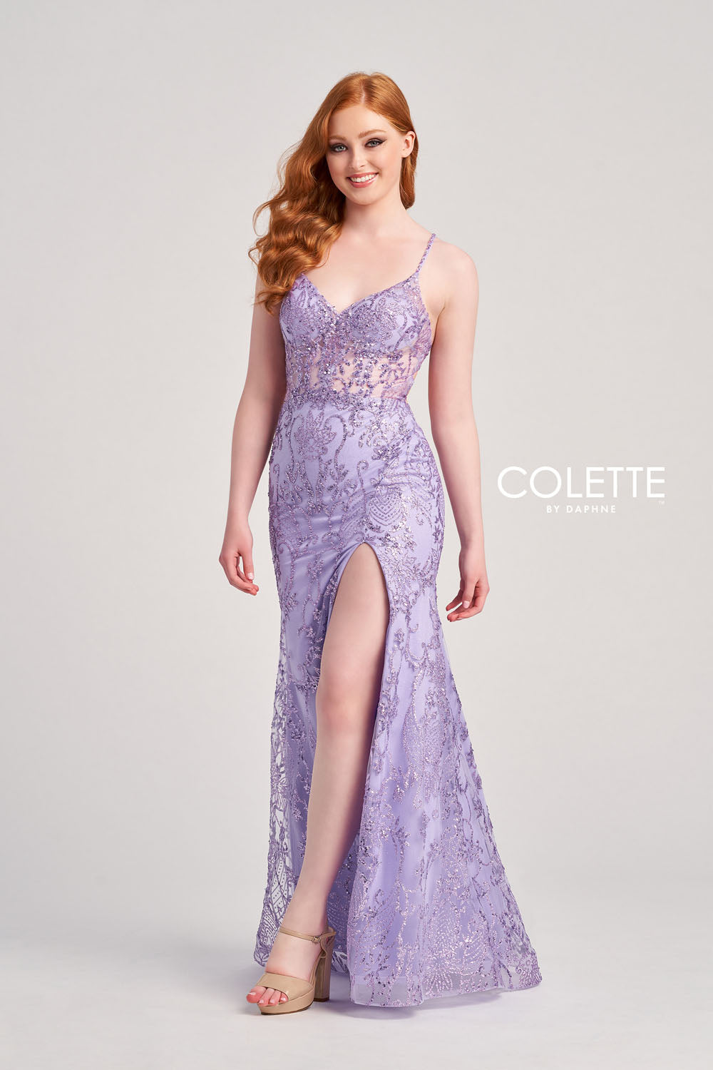 Colette CL5203 prom dress images. Colette CL5203 is available in these colors: Sage, Royal Blue, Lilac, Silver.