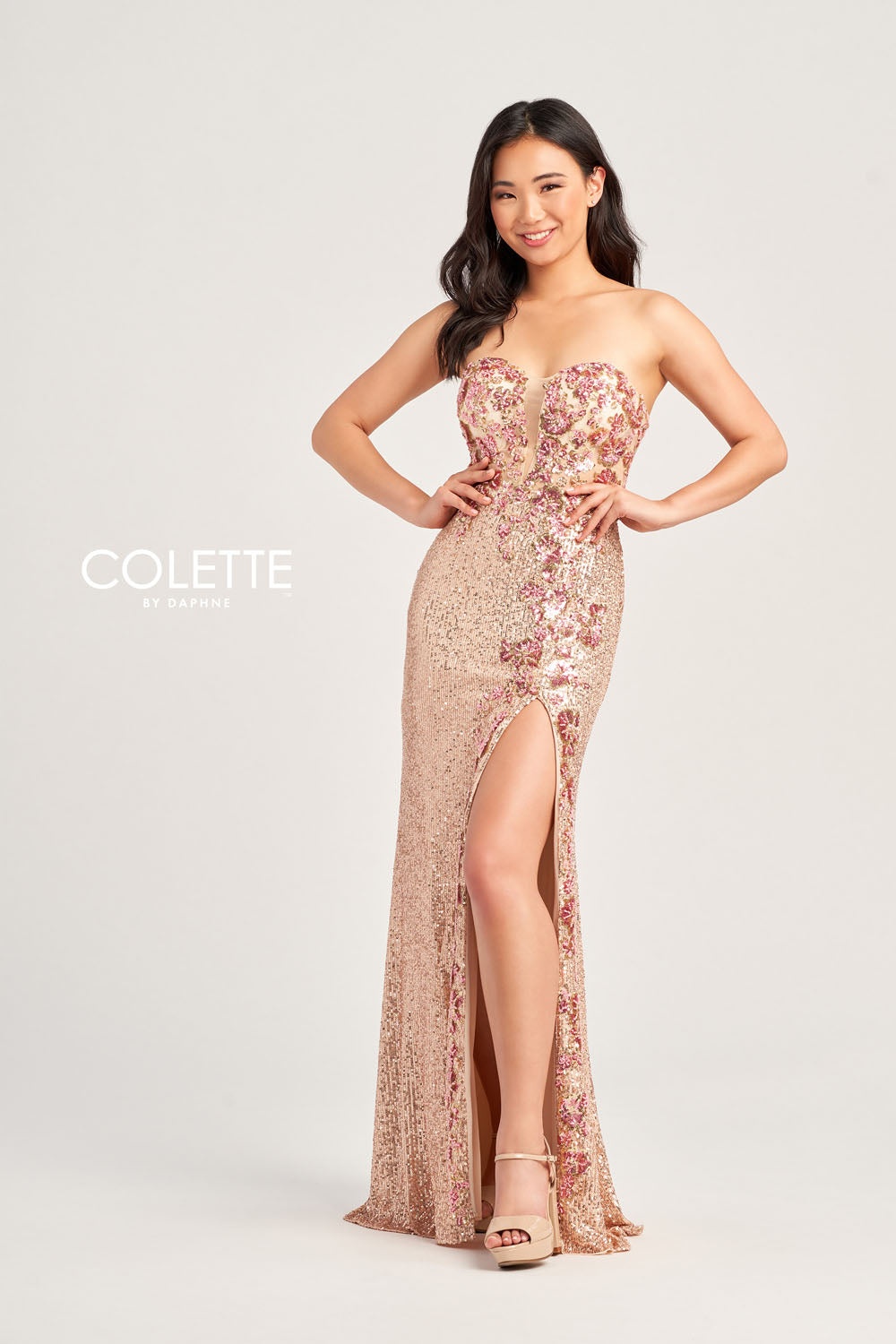 Colette CL5211 prom dress images. Colette CL5211 is available in these colors: Champagne Turquoise, Champagne Violet, Champagne Rose.