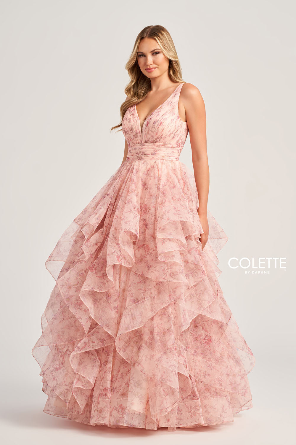 Colette CL5273 prom dress images. Colette CL5273 is available in these colors: Pink Multi, Ice Blue Multi, Light Purple Multi, Buttercup Multi.