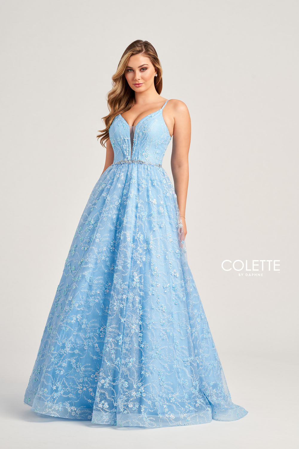 Colette CL5288 prom dress images. Colette CL5288 is available in these colors: Light Blue, Lilac, Champagne.