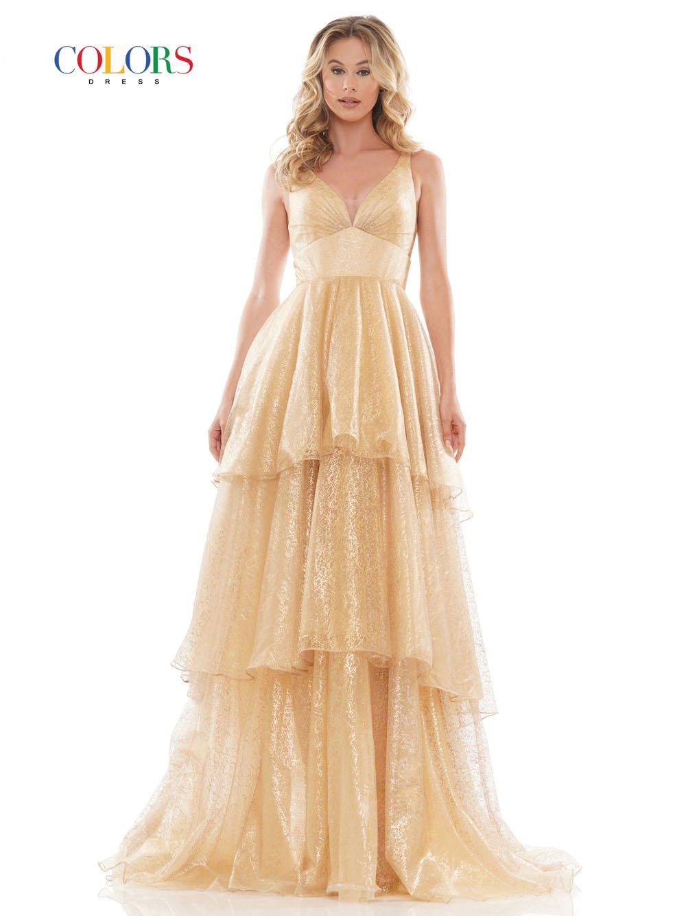 Colors Dress 2713 soft foiled mesh prom dress images. Colors Dress 2713 is available in these colors: Gold, Purple Gold, White Gold.