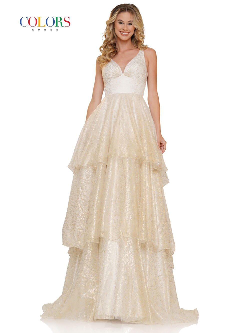 Colors Dress 2713 soft foiled mesh prom dress images. Colors Dress 2713 is available in these colors: Gold, Purple Gold, White Gold.