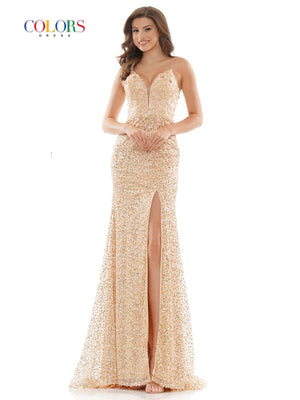 Colors Dress 2715 lace applique sequin prom dress images.  Colors Dress 2715 is available in these colors: Gold, Rose Gold, Off White.