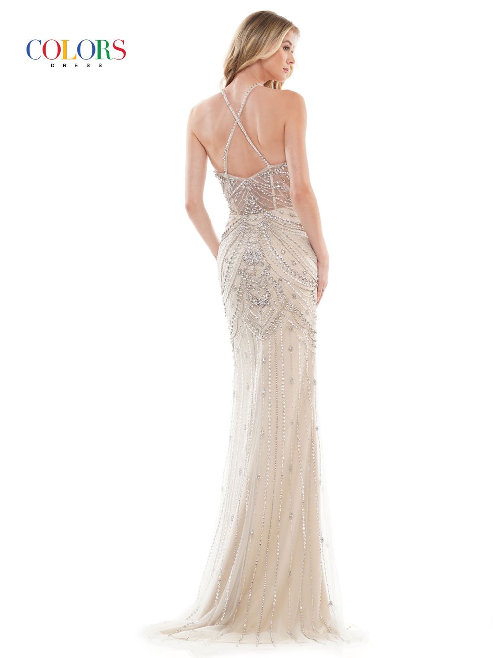 Colors Dress 2722 mesh prom dress images. Colors Dress 2722 is available in these colors: Gunmetal, Silver Nude.