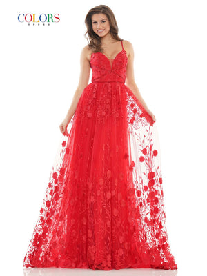 Colors Dress 2726 embroidered mesh 3d flower applique prom dress images.  Colors Dress 2726 is available in these colors: Blue, Coral, Red.