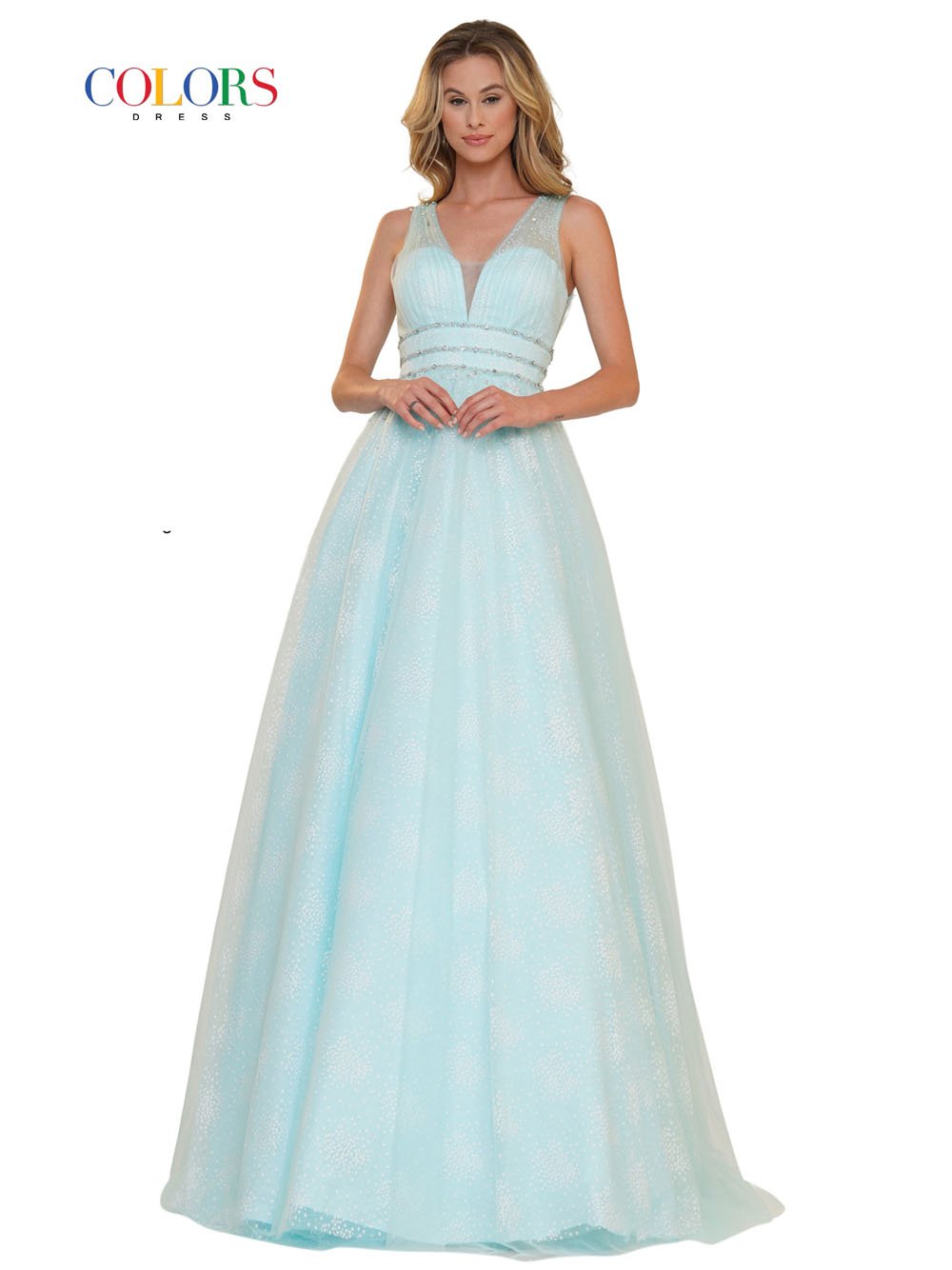Colors Dress 2736 sequin mesh prom dress images.  Colors Dress 2736 is available in these colors: Grey, Light Blue, Lilac, Pink.