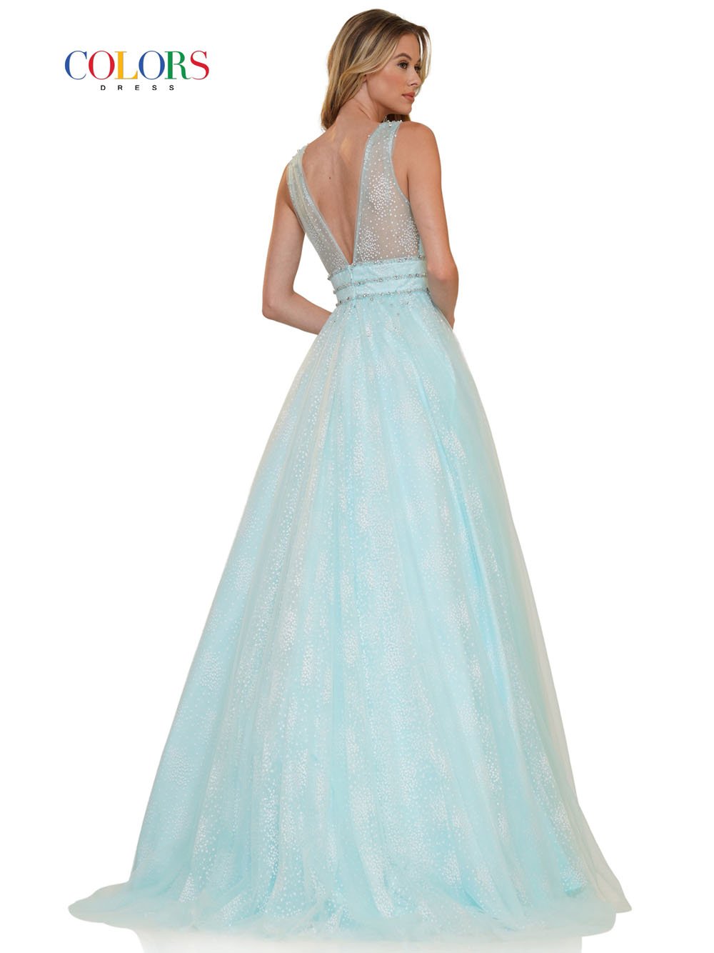 Colors Dress 2736 sequin mesh prom dress images.  Colors Dress 2736 is available in these colors: Grey, Light Blue, Lilac, Pink.