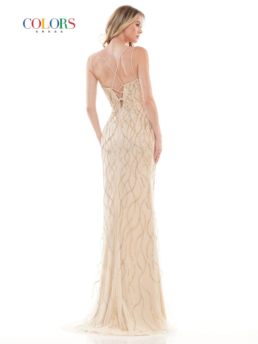 Colors Dress 2737 beaded mesh   prom dress images.  Colors Dress 2737 is available in these colors: Gold, Navy, Red.