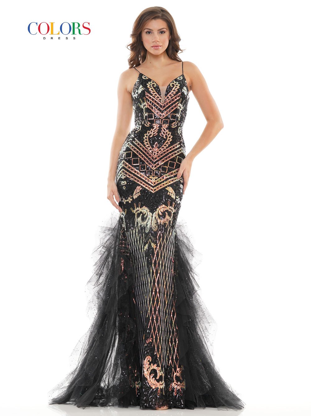 Colors Dress 2738 sequin glitter mesh prom dress images. Colors Dress 2738 is available in these colors: Black, Deep Green, Gold Silver.