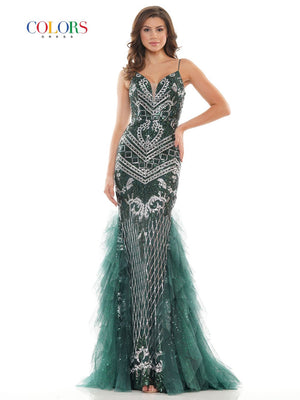 Colors Dress 2738 sequin glitter mesh prom dress images.  Colors Dress 2738 is available in these colors: Black, Deep Green, Gold Silver.