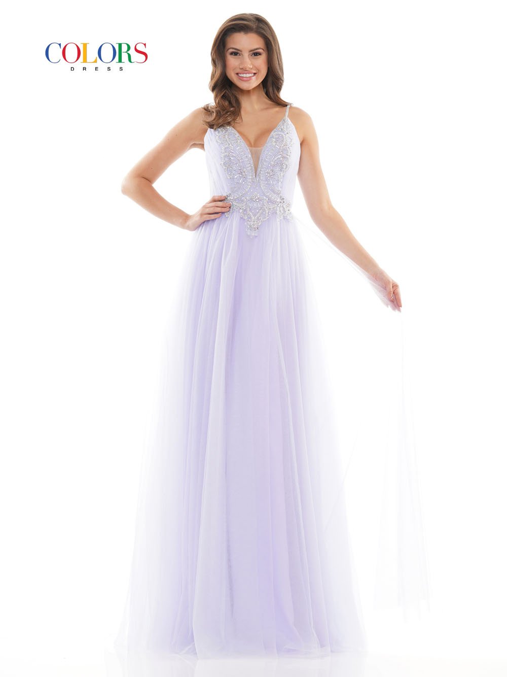Colors Dress 2740 mesh prom dress images. Colors Dress 2740 is available in these colors: Coral Nude, Lilac.