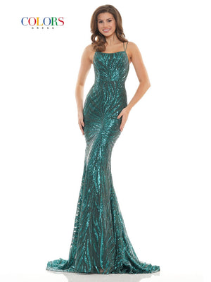 Colors Dress 2743 sequin prom dress images.  Colors Dress 2743 is available in these colors: Deep Green, Off White, Red.