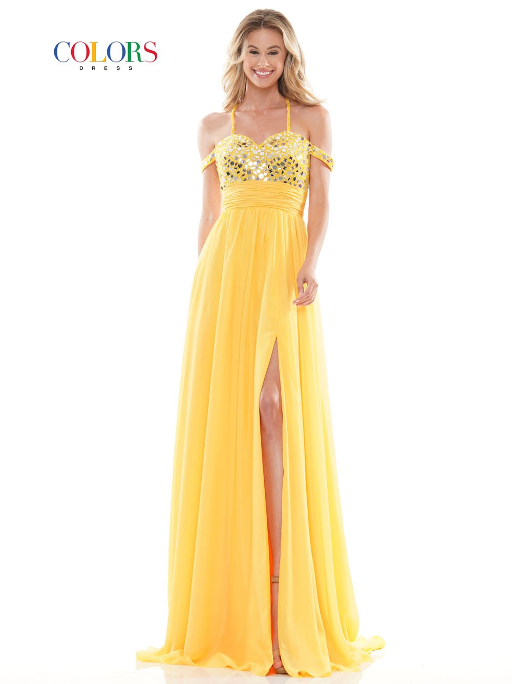 Colors Dress 2750 chiffon prom dress images. Colors Dress 2750 is available in these colors: Lilac, Red, Yellow.