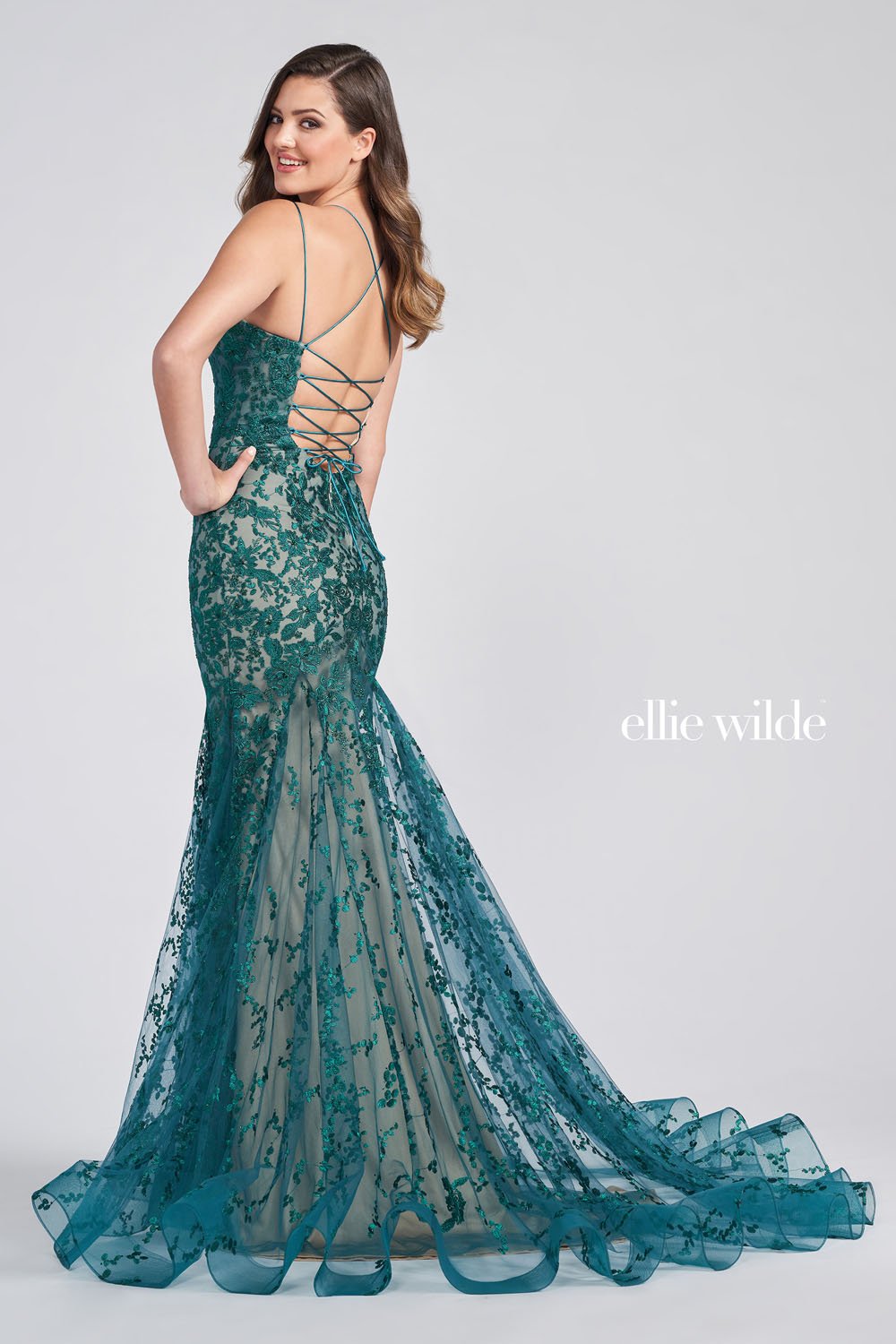 Ellie Wilde EW122032 prom dress images. Ellie Wilde EW122032 is available in these colors: Emerald Nude, Ivory Champagne, Royal Blue, Light Blue, Yellow.