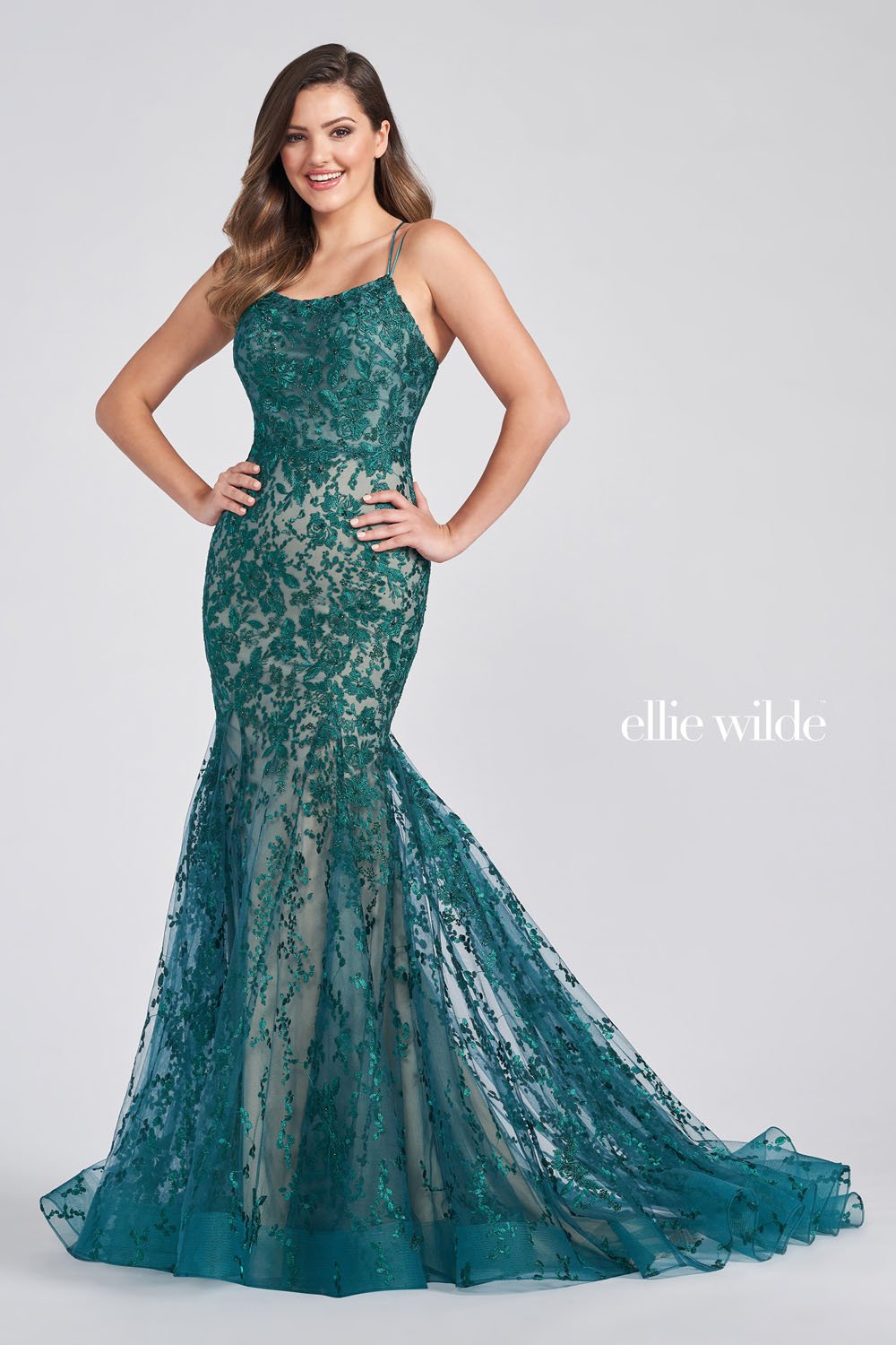 Ellie Wilde EW122032 prom dress images. Ellie Wilde EW122032 is available in these colors: Emerald Nude, Ivory Champagne, Royal Blue, Light Blue, Yellow.