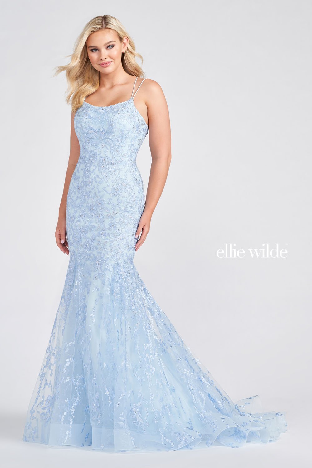 Ellie Wilde EW122032 prom dress images. Ellie Wilde EW122032 is available in these colors: Emerald Nude, Ivory Champagne, Royal Blue, Light Blue, Yellow.