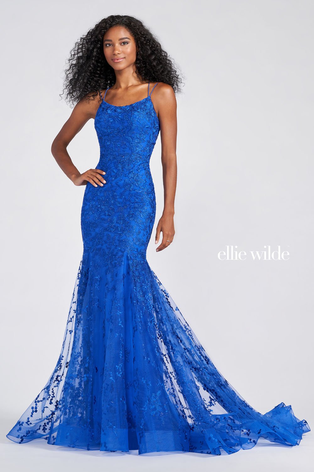 Ellie Wilde EW122032 prom dress images. Ellie Wilde EW122032 is available in these colors: Emerald Nude, Ivory Champagne, Royal Blue, Light Blue, Yellow.