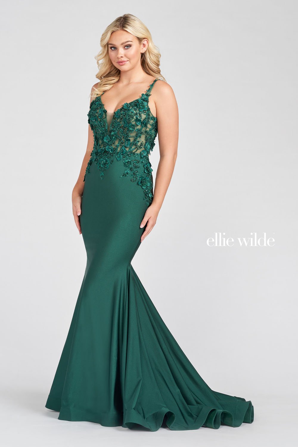 Ellie Wilde EW122041 prom dress images. Ellie Wilde EW122041 is available in these colors: Pearl White, Powder Blue, Wine, Emerald.