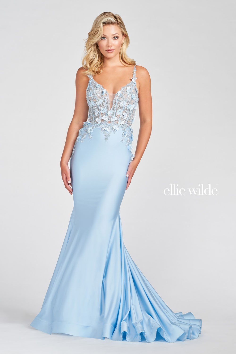 Ellie Wilde EW122041 prom dress images. Ellie Wilde EW122041 is available in these colors: Pearl White, Powder Blue, Wine, Emerald.