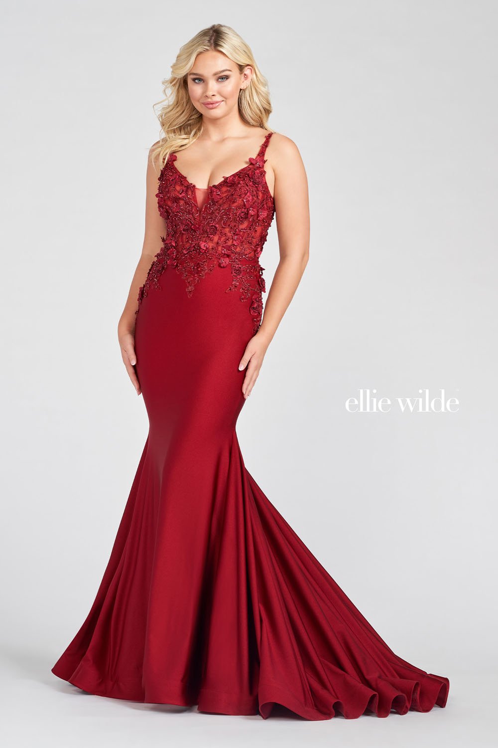 Ellie Wilde EW122041 prom dress images. Ellie Wilde EW122041 is available in these colors: Pearl White, Powder Blue, Wine, Emerald.