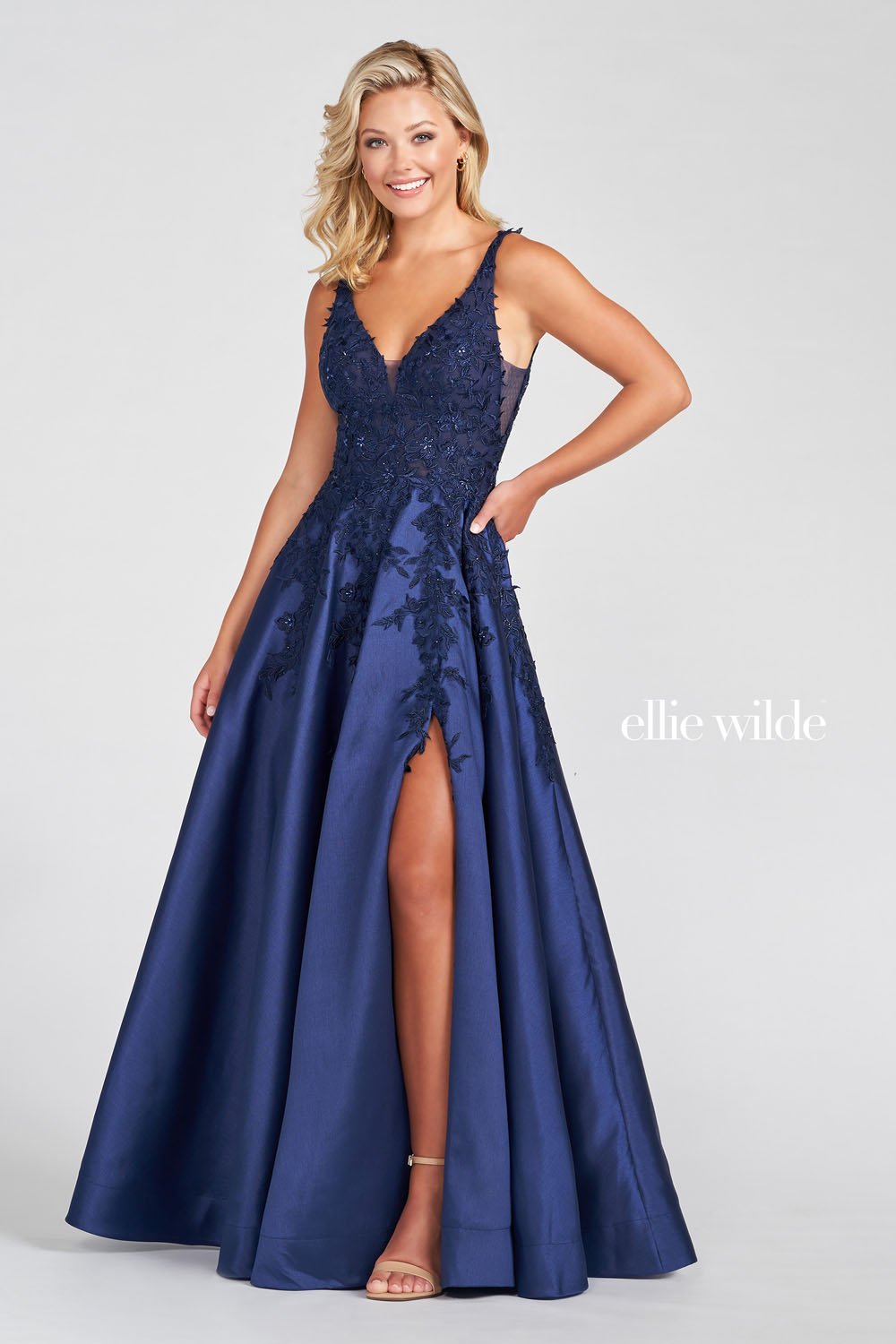 Ellie Wilde EW122074 prom dress images. Ellie Wilde EW122074 is available in these colors: Red, Light Blue, Teal, Navy Blue, Emerald.
