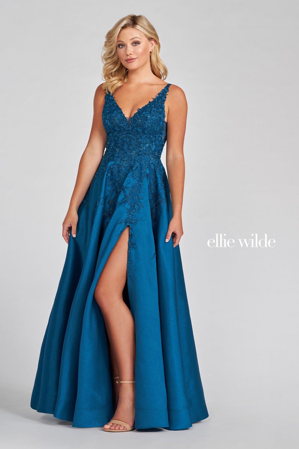 Ellie Wilde EW122074 prom dress images. Ellie Wilde EW122074 is available in these colors: Red, Light Blue, Teal, Navy Blue, Emerald.