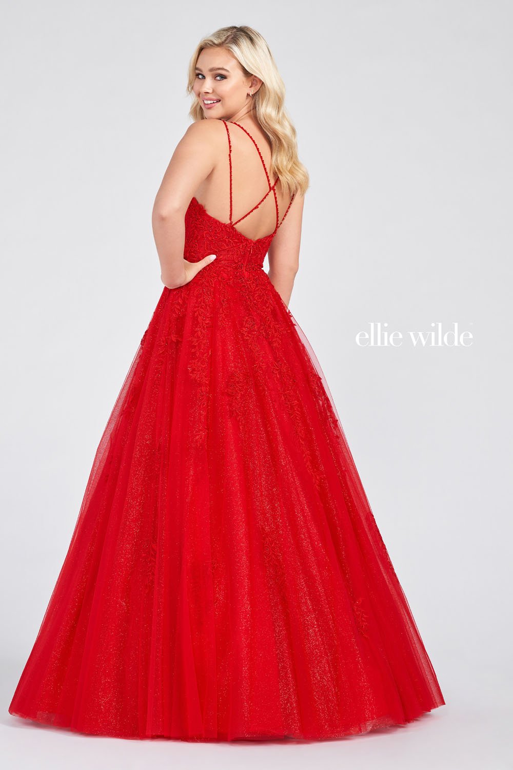 Ellie Wilde EW122076 prom dress images. Ellie Wilde EW122076 is available in these colors: Red, Light Blue.