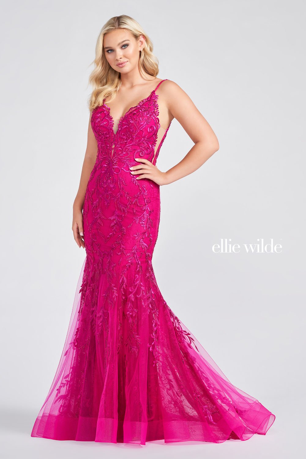 Ellie Wilde EW122101 prom dress images. Ellie Wilde EW122101 is available in these colors: Fuchsia, Gold, Navy Blue, Kelly Green.