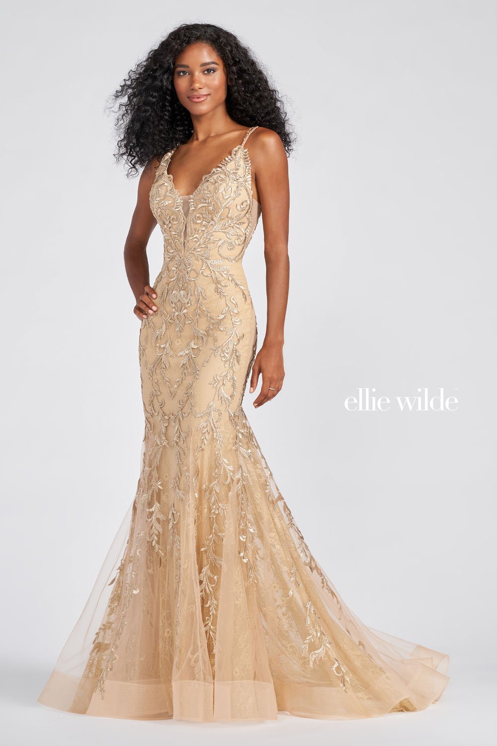 Ellie Wilde EW122101 prom dress images. Ellie Wilde EW122101 is available in these colors: Fuchsia, Gold, Navy Blue, Kelly Green.