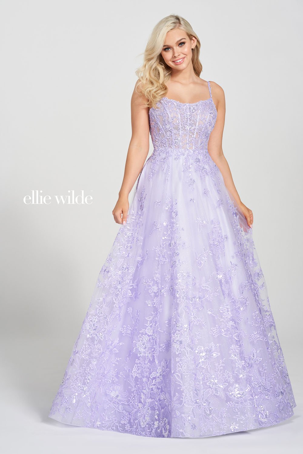 Ellie Wilde EW122109 prom dress images. Ellie Wilde EW122109 is available in these colors: Light Yellow, Navy Blue, Lavender.