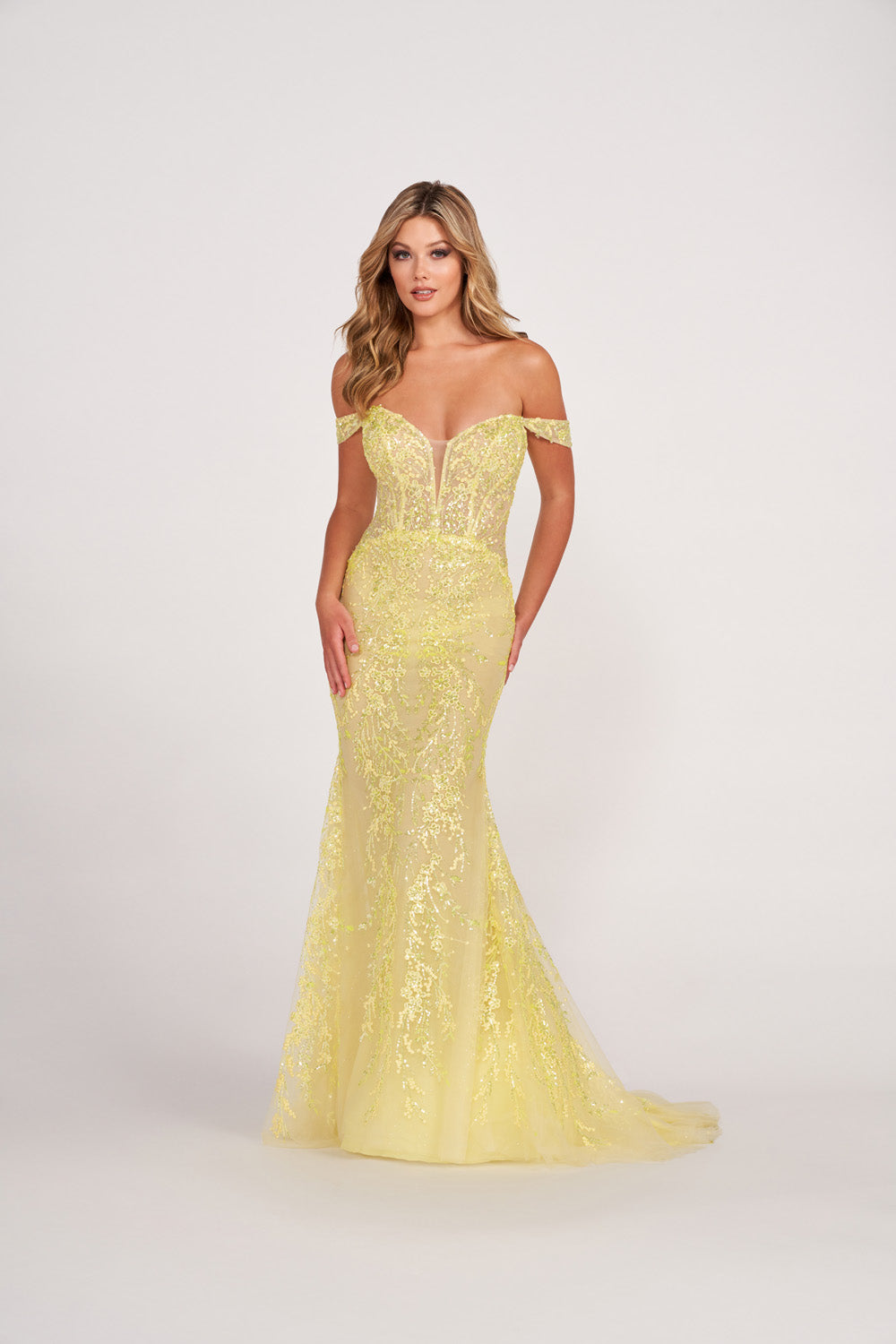 Ellie Wilde EW34007 prom dress images. Ellie Wilde EW34007 is available in these colors: Cerise, Orange, Yellow, Lilac, Royal Blue.