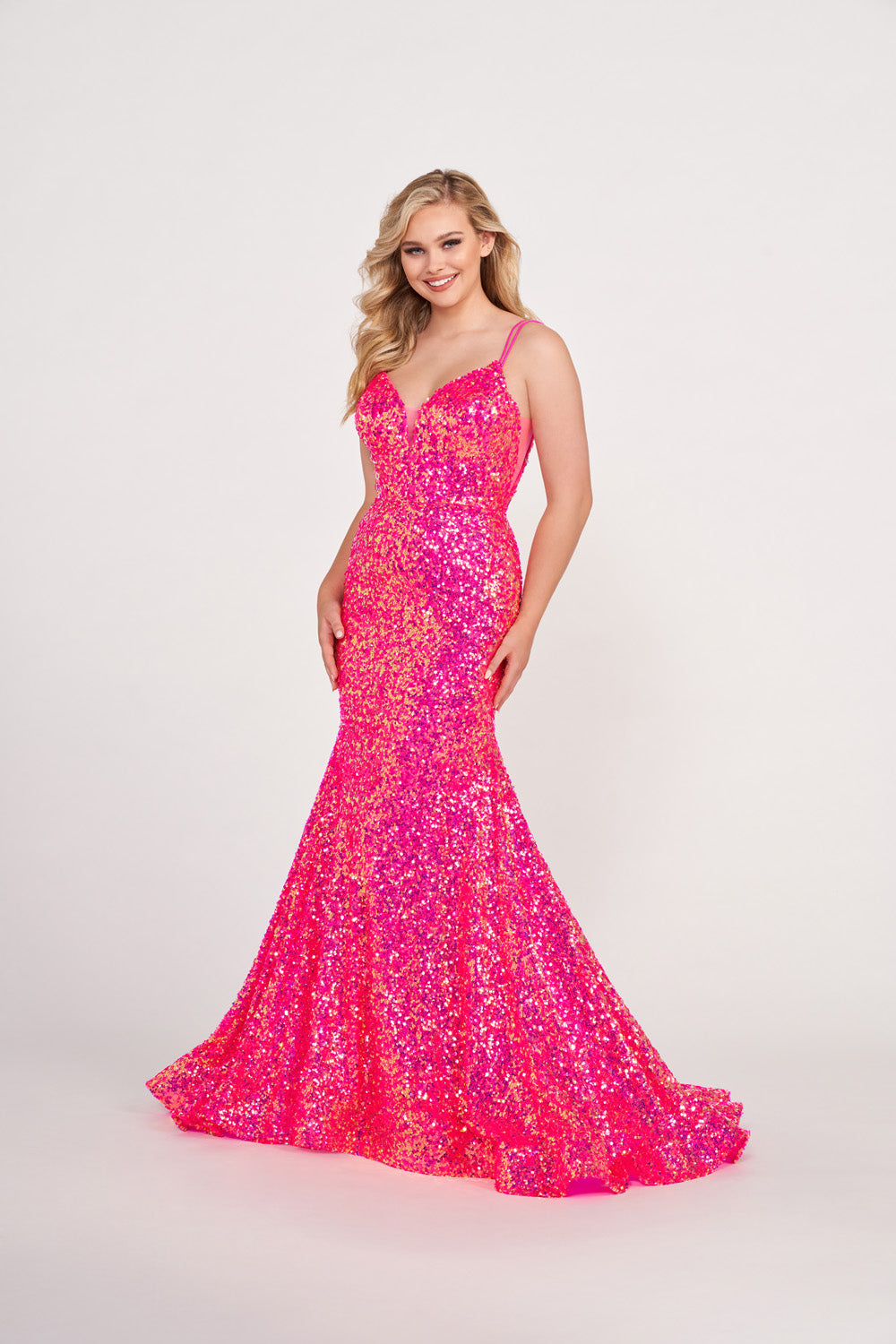 Ellie Wilde EW34016 prom dress images. Ellie Wilde EW34016 is available in these colors: Forest Light, Hot Pink, Orange, Light Blue, Iris.