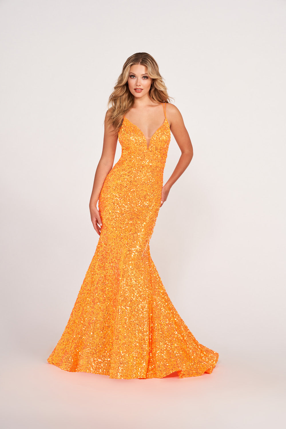 Ellie Wilde EW34016 prom dress images. Ellie Wilde EW34016 is available in these colors: Forest Light, Hot Pink, Orange, Light Blue, Iris.