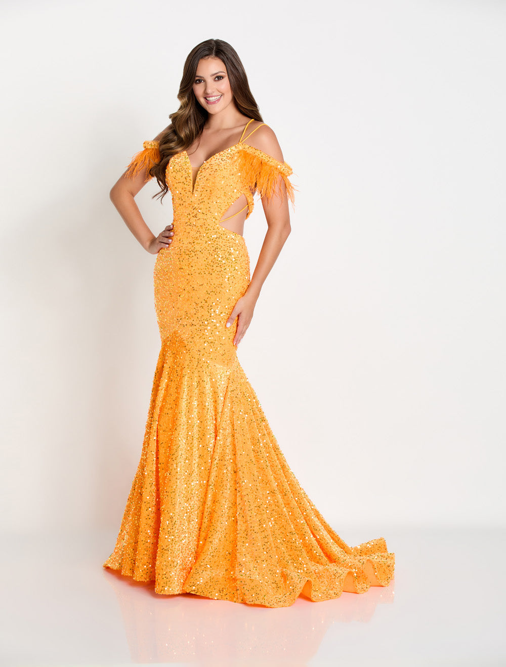 Ellie Wilde EW34017 prom dress images. Ellie Wilde EW34017 is available in these colors: Purple, Black Galaxy, Orange, Light Blue.