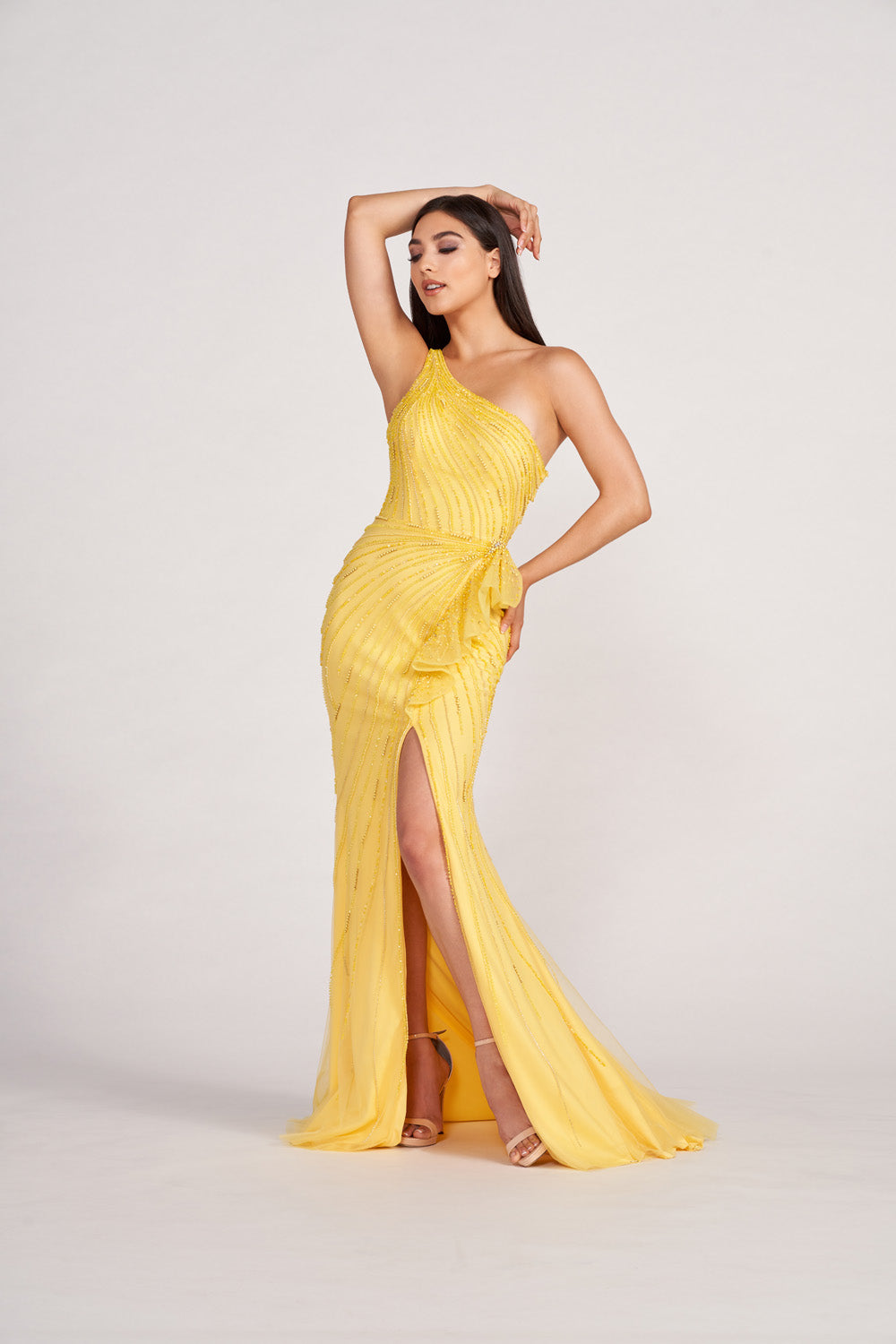Ellie Wilde EW34019 prom dress images. Ellie Wilde EW34019 is available in these colors: Yellow, BlueBell.