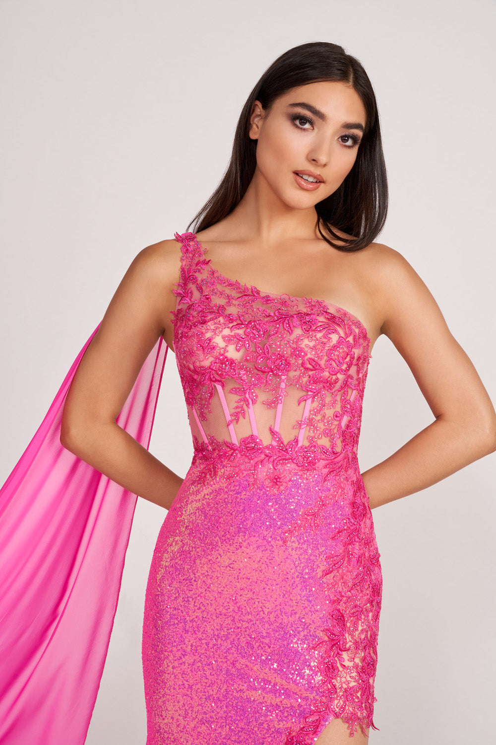 Ellie Wilde EW34020 prom dress images. Ellie Wilde EW34020 is available in these colors: Hot Pink, Orange, Ocean Blue, Lime.
