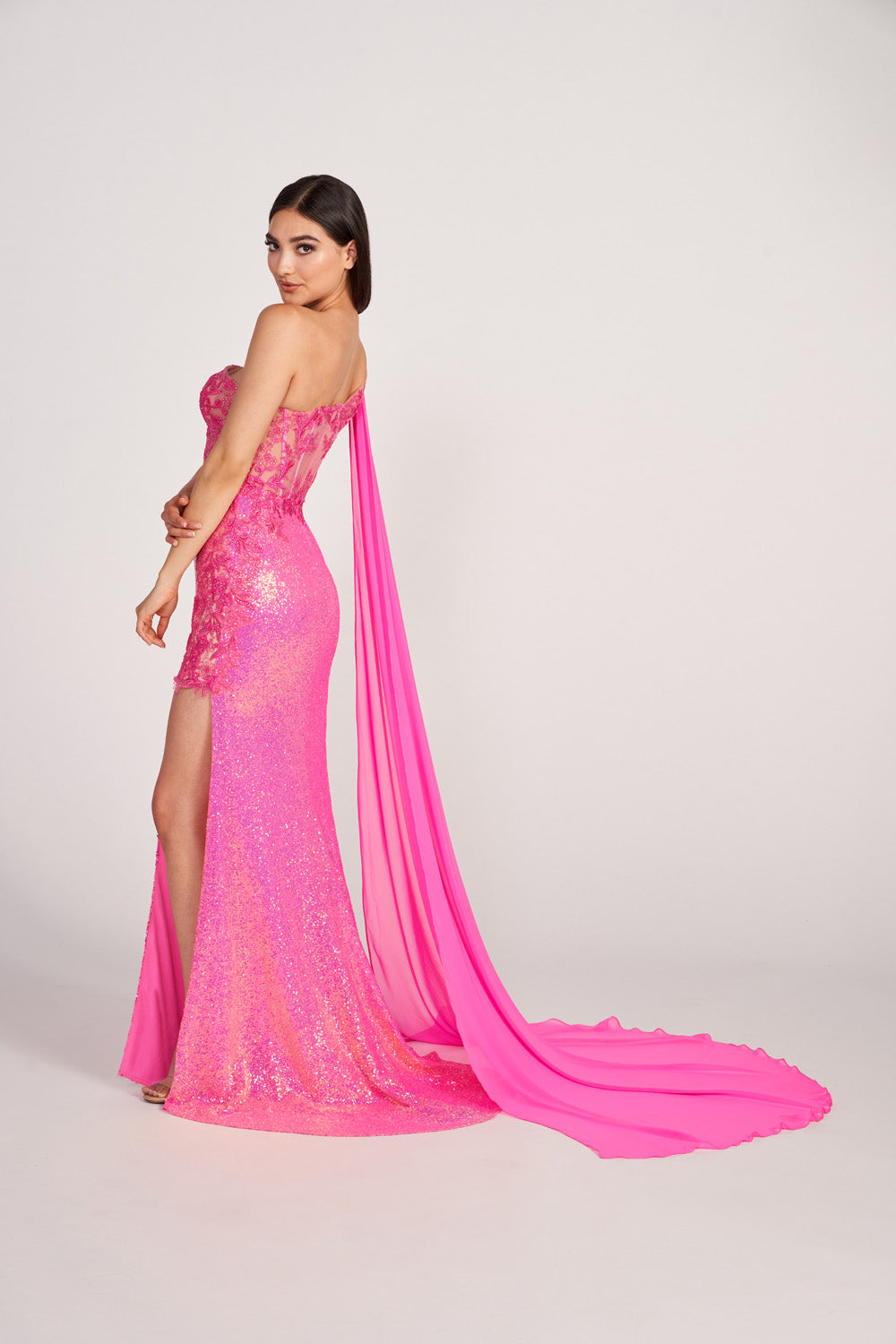 Ellie Wilde EW34020 prom dress images. Ellie Wilde EW34020 is available in these colors: Hot Pink, Orange, Ocean Blue, Lime.