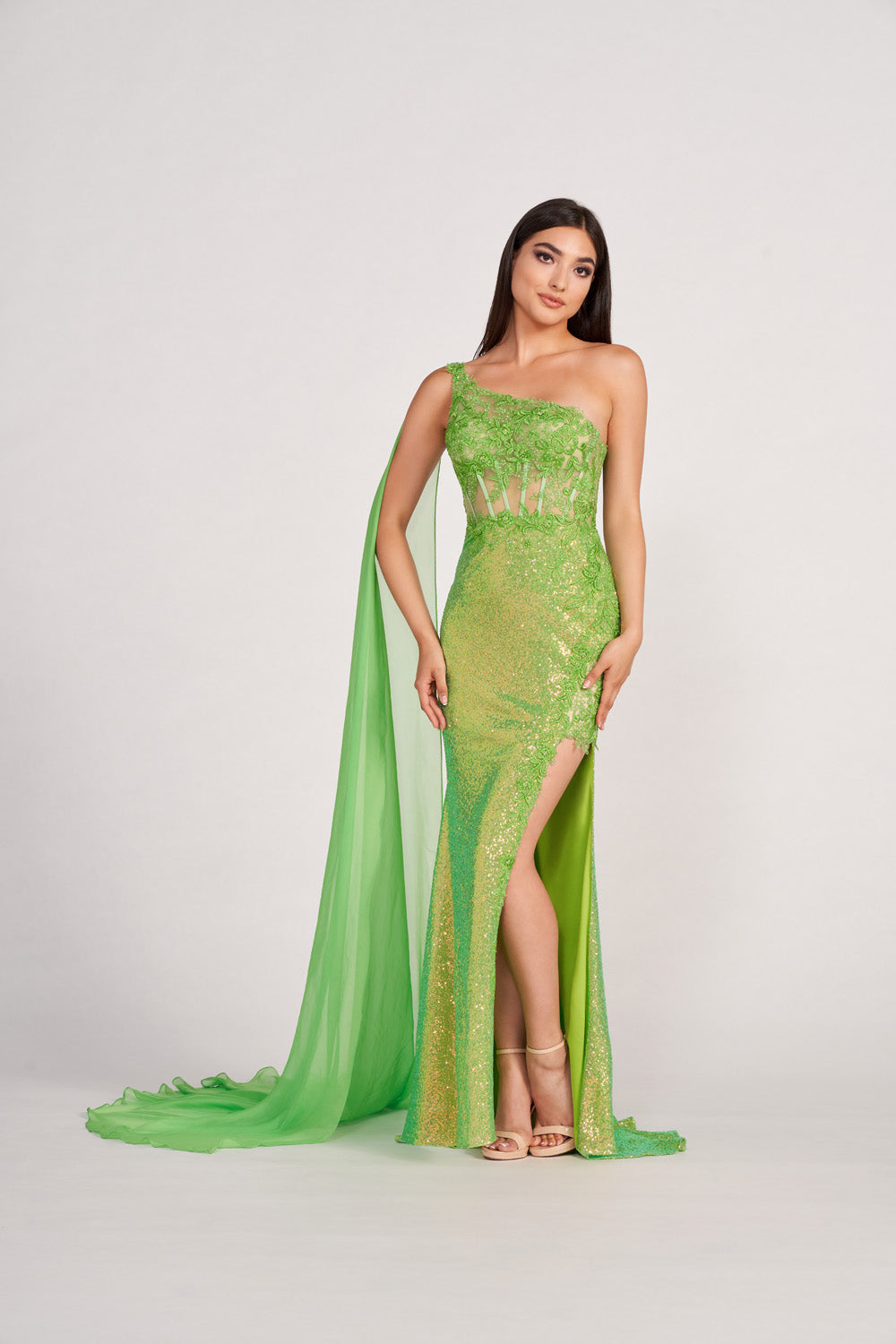 Ellie Wilde EW34020 prom dress images. Ellie Wilde EW34020 is available in these colors: Hot Pink, Orange, Ocean Blue, Lime.