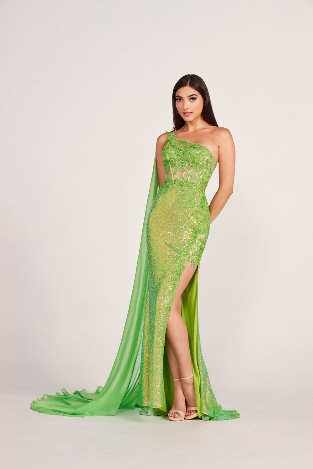 Ellie Wilde EW34020 prom dress images. Ellie Wilde EW34020 is available in these colors: Hot Pink, Orange, Ocean Blue, Lime.