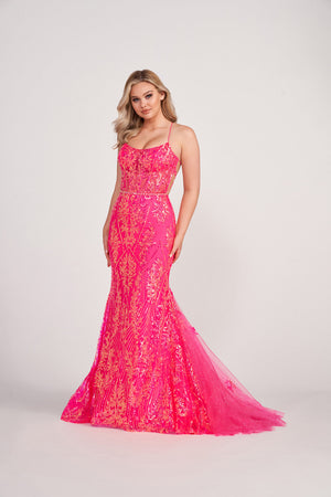 Ellie Wilde EW34023 prom dress images.  Ellie Wilde EW34023 is available in these colors: Hot Pink, Peach Champagne, Ocean Blue, Neon Yellow.