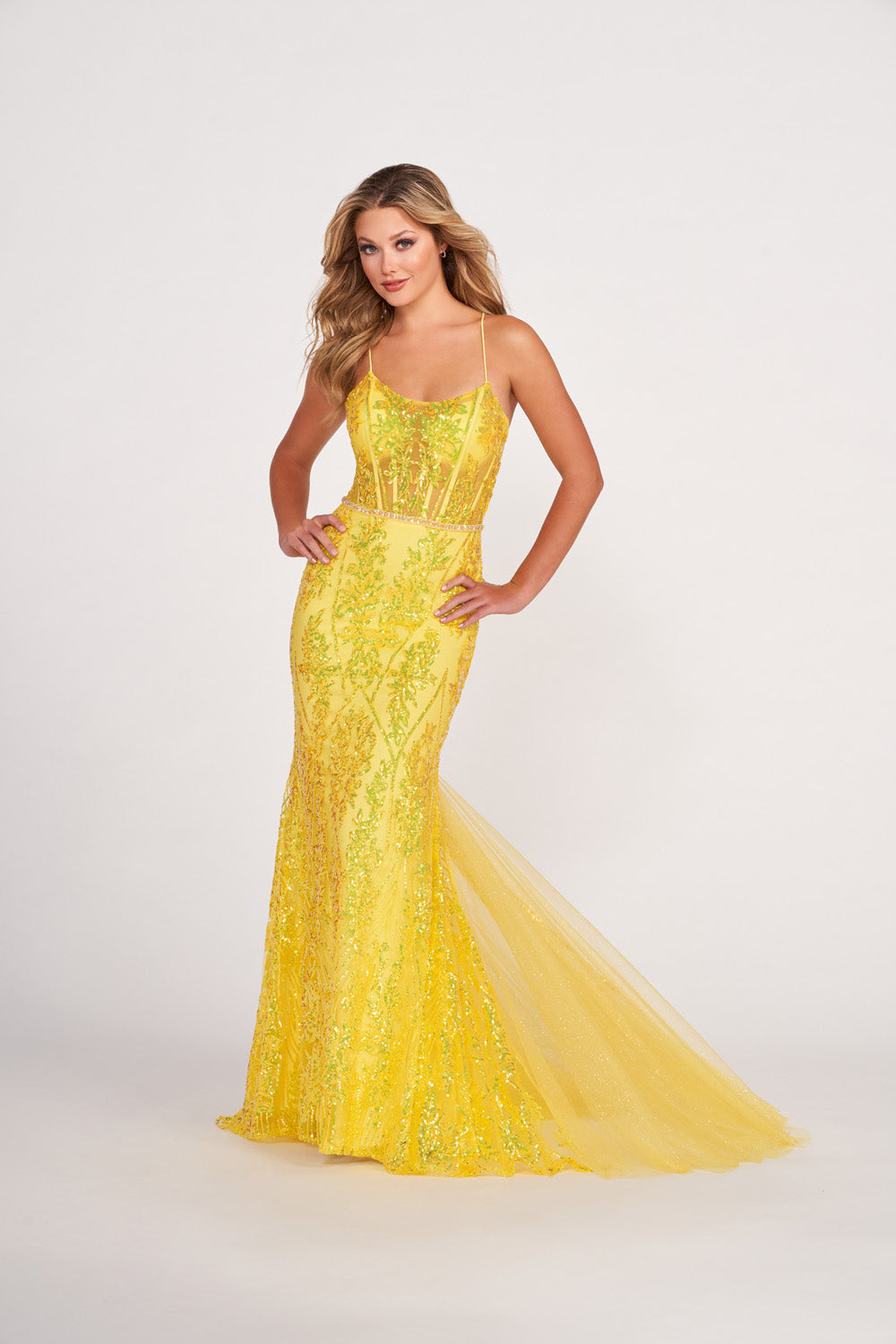 Ellie Wilde EW34023 prom dress images. Ellie Wilde EW34023 is available in these colors: Hot Pink, Peach Champagne, Ocean Blue, Neon Yellow.